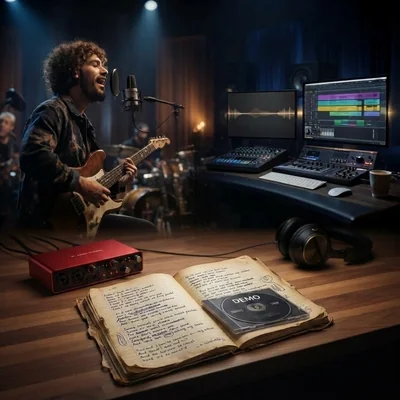 Cuaderno de notas manuscritas y CD de demo en un estudio de grabación, simbolizando el inicio de una idea musical