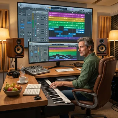 Ingeniero de sonido en estudio trabajando en arreglos musicales con monitores, consola y teclado