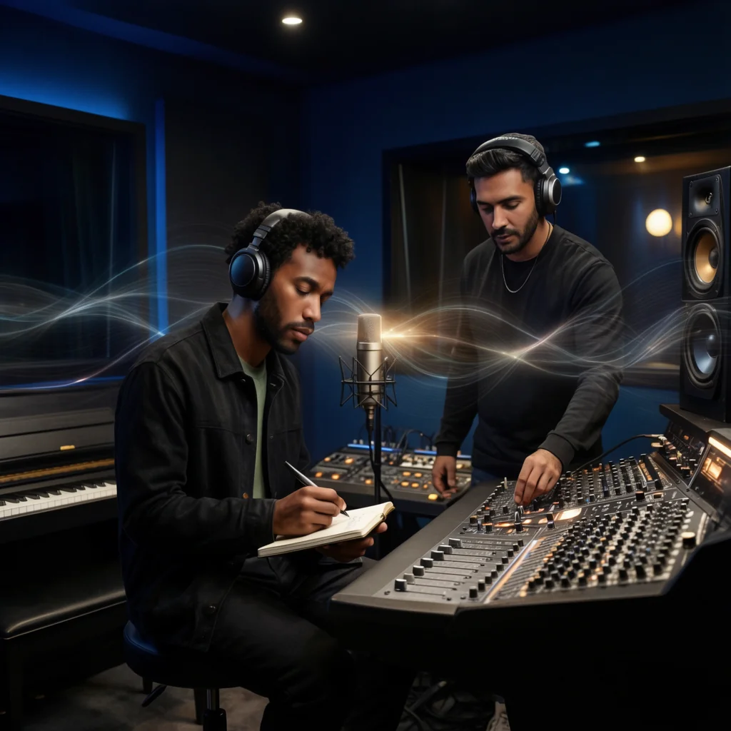 Equipo de Rubén Castaño Music en sesión creativa de estudio, productor y artista trabajando juntos en consola y microfono