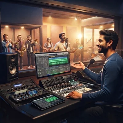 Productor musical dirigiendo una sesión de grabación en estudio con artistas, consola y monitores profesionales